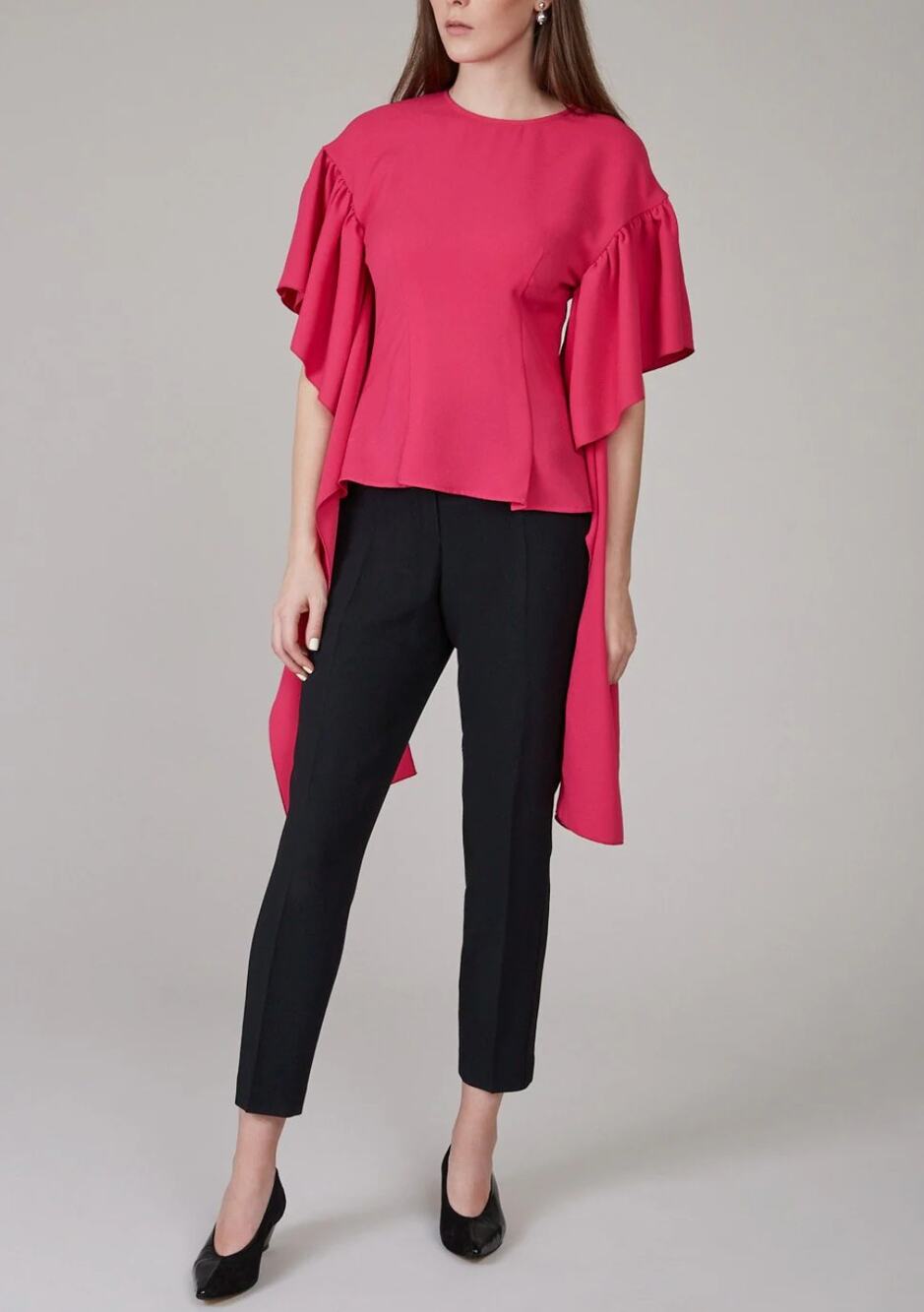 Rejina Pyo Kara Magenta Pink Ruffle Waterfall Sleeve Crepe Blouse UK 10/US 6